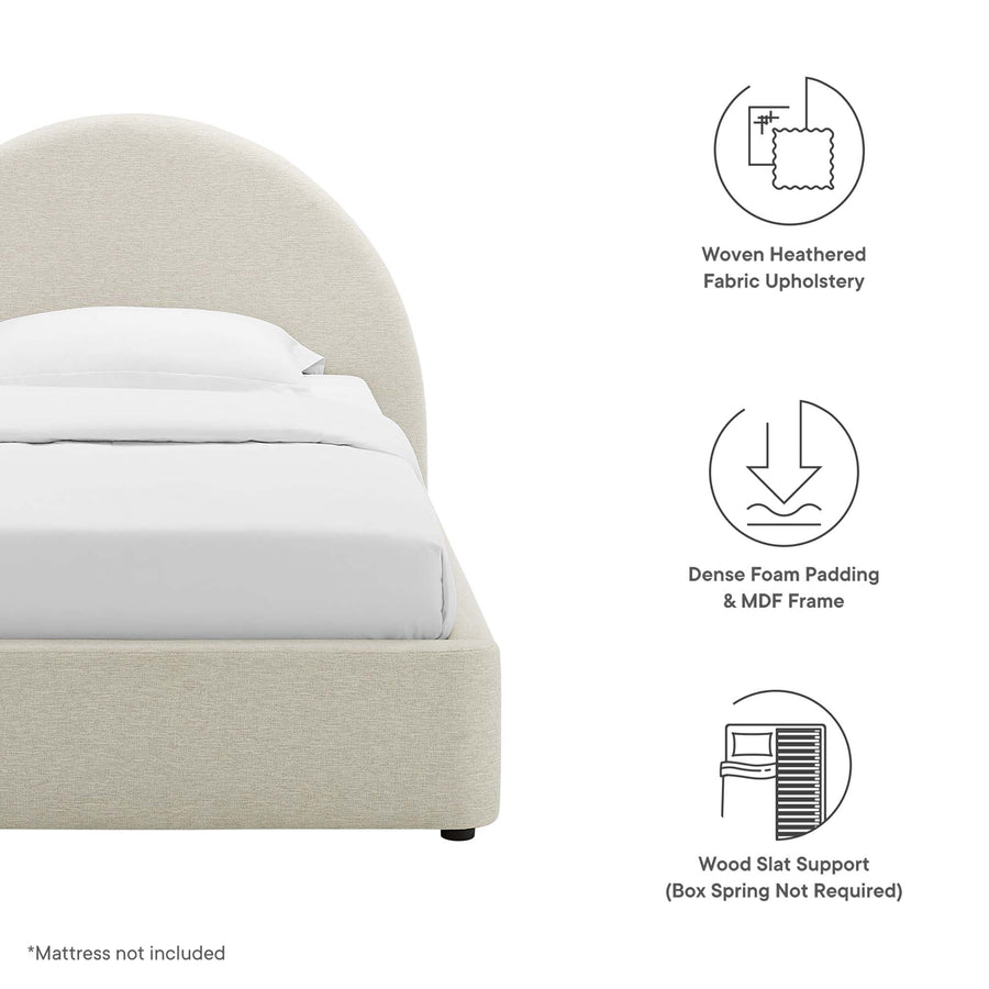 Quinn Upholstered Fabric Arched Round Twin Platform Bed in Heathered Weave Ivory