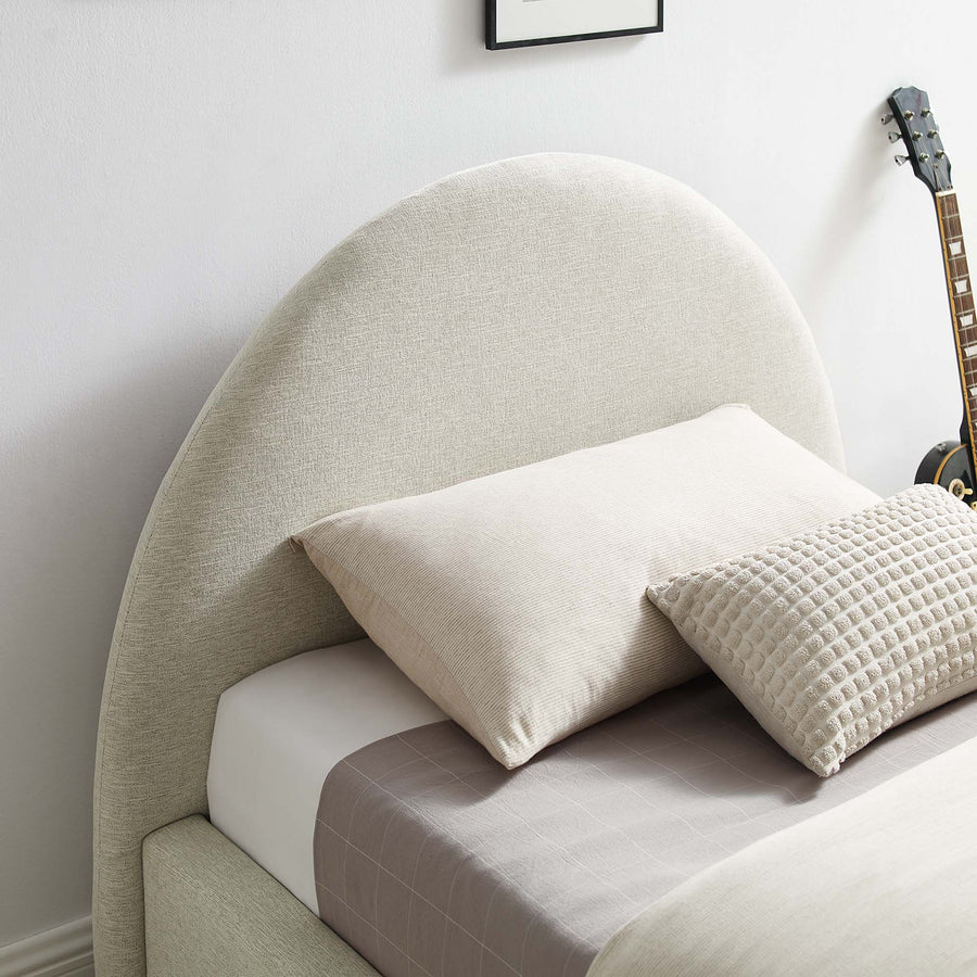Quinn Upholstered Fabric Arched Round Twin Platform Bed in Heathered Weave Ivory