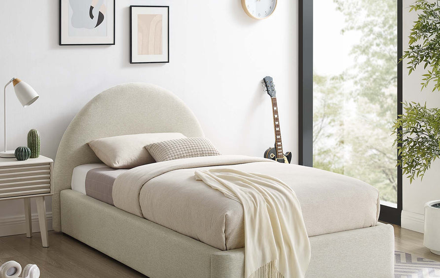 Quinn Upholstered Fabric Arched Round Twin Platform Bed in Heathered Weave Ivory