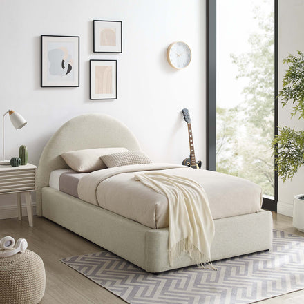 Resort Upholstered Fabric Arched Round Twin Platform Bed in Heathered Weave Ivory