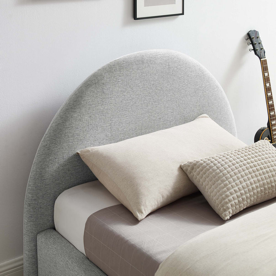 Quinn Upholstered Fabric Arched Round Twin Platform Bed in Heathered Weave Light Gray