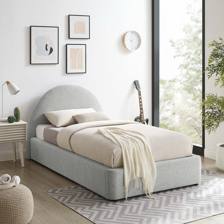 Resort Upholstered Fabric Arched Round Twin Platform Bed in Heathered Weave Light Gray