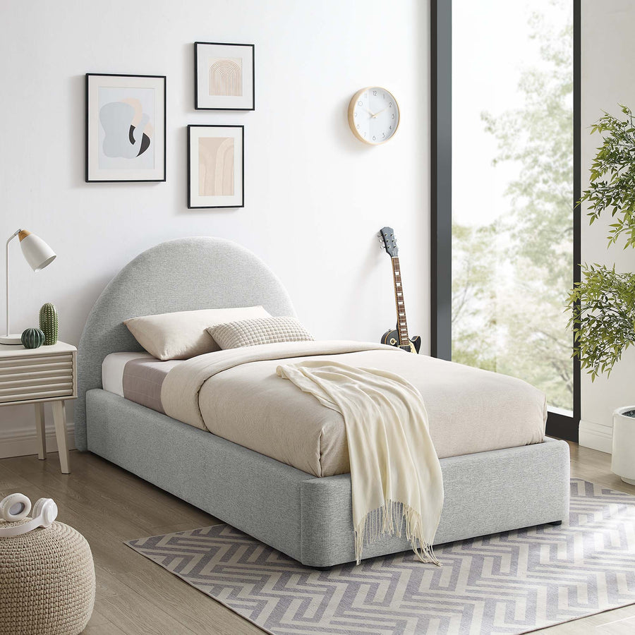 Quinn Upholstered Fabric Arched Round Twin Platform Bed in Heathered Weave Light Gray