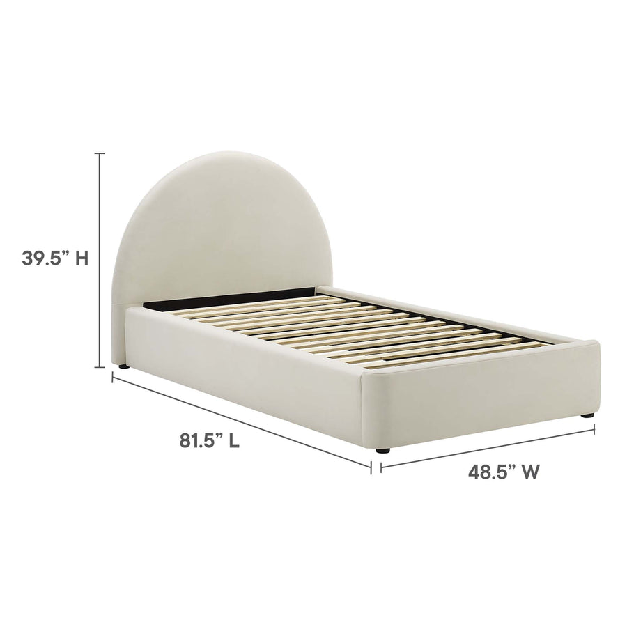 Quinn Performance Velvet Arched Round Twin Platform Bed in Alabaster