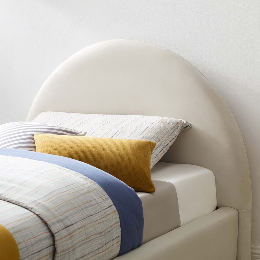 Quinn Performance Velvet Arched Round Twin Platform Bed in Alabaster