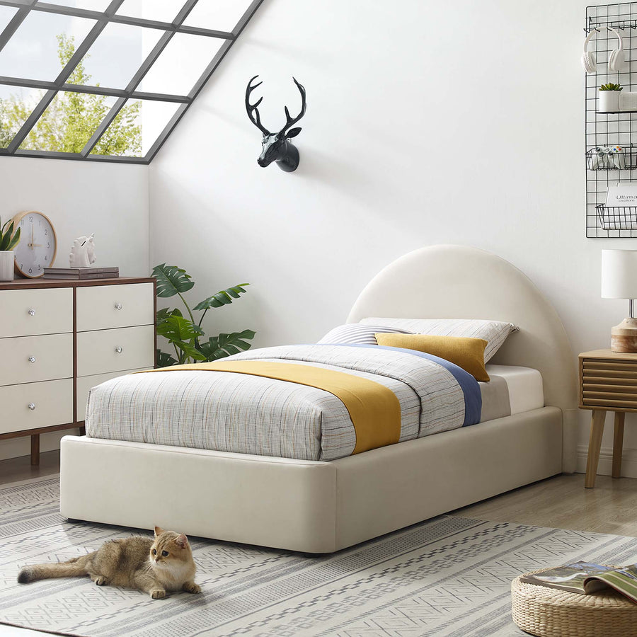 Quinn Performance Velvet Arched Round Twin Platform Bed in Alabaster