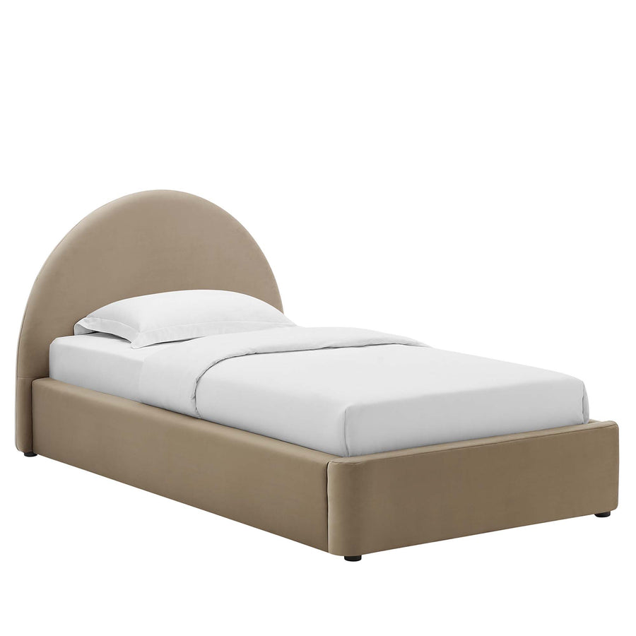 Quinn Performance Velvet Arched Round Twin Platform Bed in Taupe