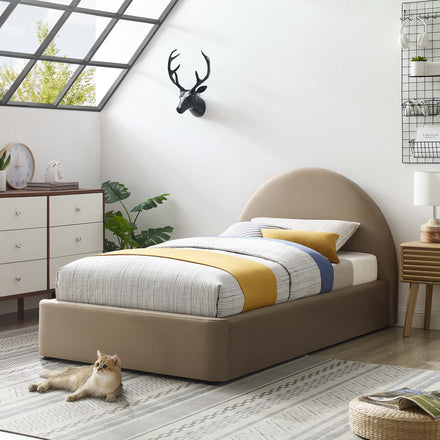 Resort Performance Velvet Arched Round Twin Platform Bed in Taupe