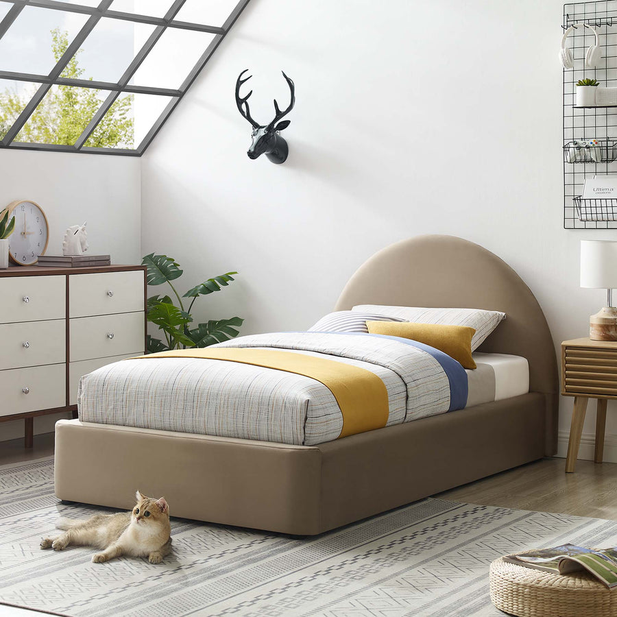 Quinn Performance Velvet Arched Round Twin Platform Bed in Taupe