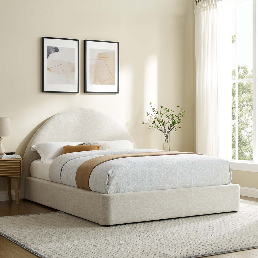 Quinn Upholstered Fabric Arched Round Full Platform Bed in Heathered Weave Ivory