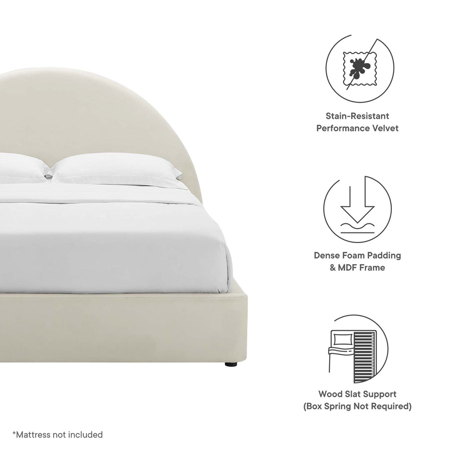 Quinn Performance Velvet Arched Round Full Platform Bed in Alabaster