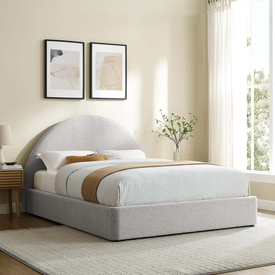Quinn Upholstered Fabric Arched Round Queen Platform Bed in Heathered Weave Light Gray