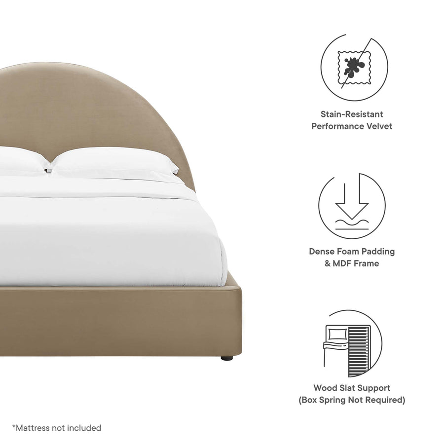Quinn Performance Velvet Arched Round Queen Platform Bed in Taupe