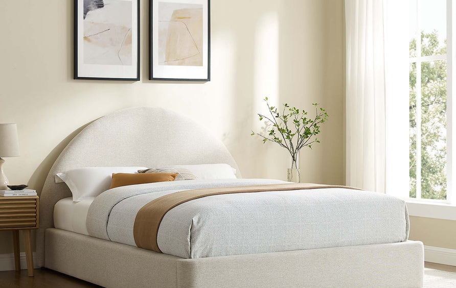 Quinn Upholstered Fabric Arched Round King Platform Bed in Heathered Weave Ivory