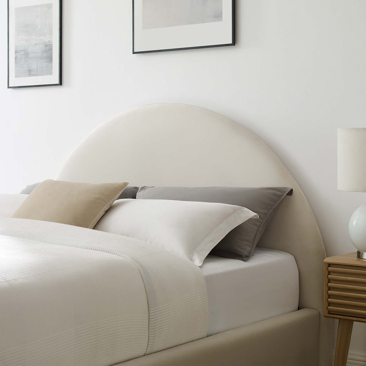 Resort Performance Velvet Arched Round King Platform Bed in Alabaster