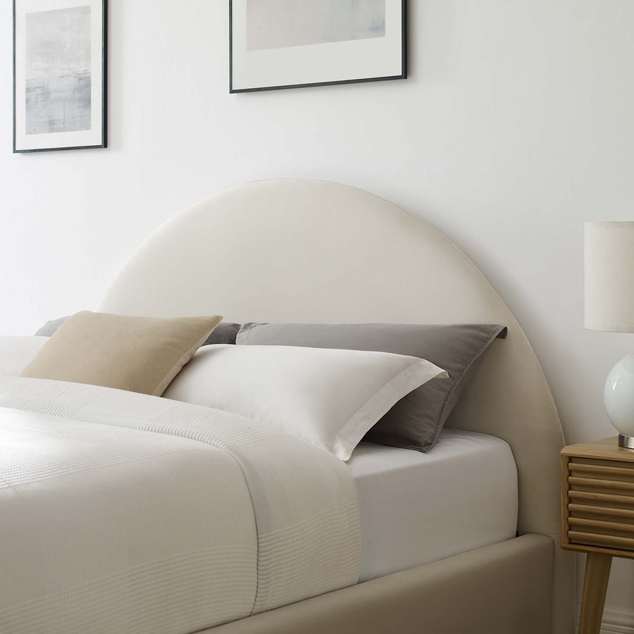 Quinn Performance Velvet Arched Round King Platform Bed in Alabaster