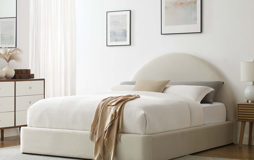 Quinn Performance Velvet Arched Round King Platform Bed in Alabaster