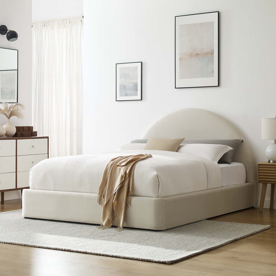 Quinn Performance Velvet Arched Round King Platform Bed in Alabaster