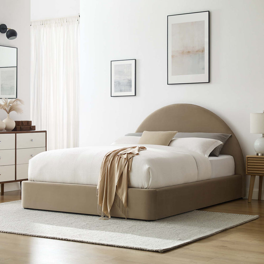 Quinn Performance Velvet Arched Round King Platform Bed in Taupe