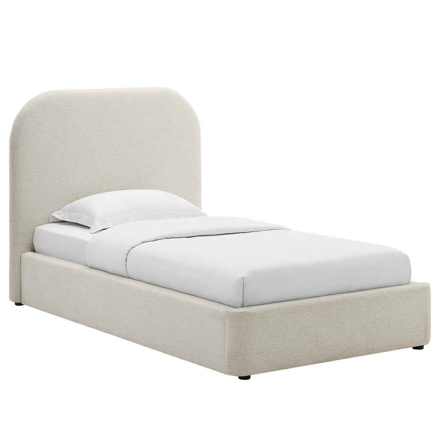 Twill Upholstered Fabric Curved Twin Platform Bed in Heathered Weave Ivory