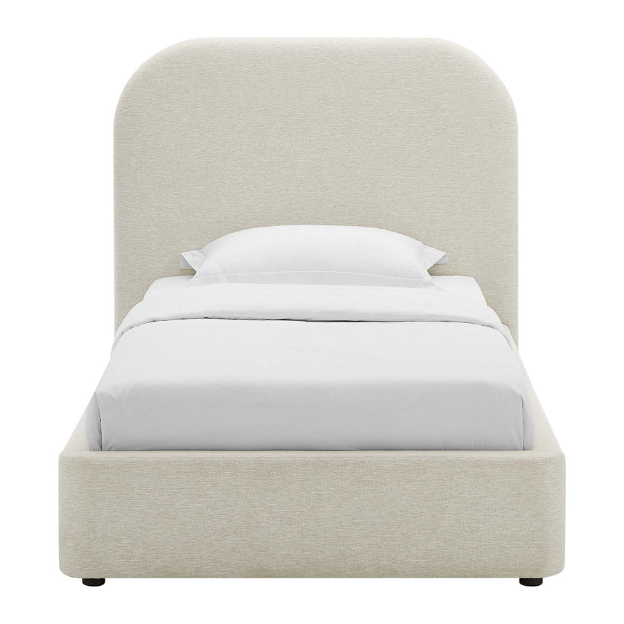 Twill Upholstered Fabric Curved Twin Platform Bed in Heathered Weave Ivory