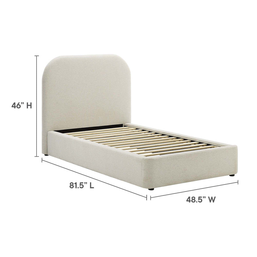 Twill Upholstered Fabric Curved Twin Platform Bed in Heathered Weave Ivory