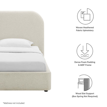 Keynote Upholstered Fabric Curved Twin Platform Bed in Heathered Weave Ivory