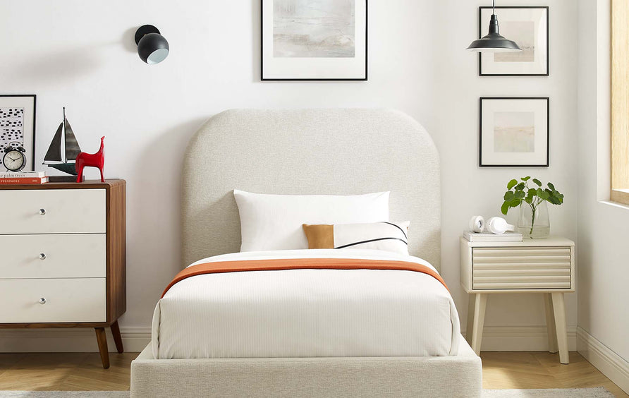 Twill Upholstered Fabric Curved Twin Platform Bed in Heathered Weave Ivory
