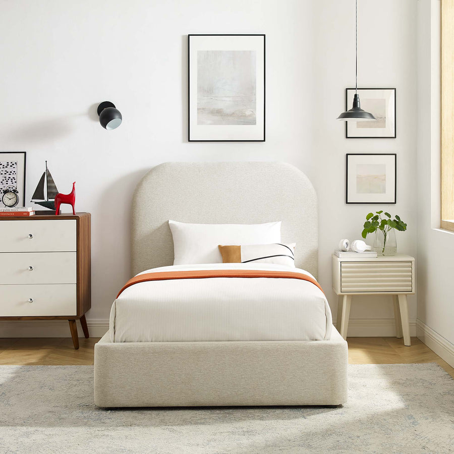 Twill Upholstered Fabric Curved Twin Platform Bed in Heathered Weave Ivory