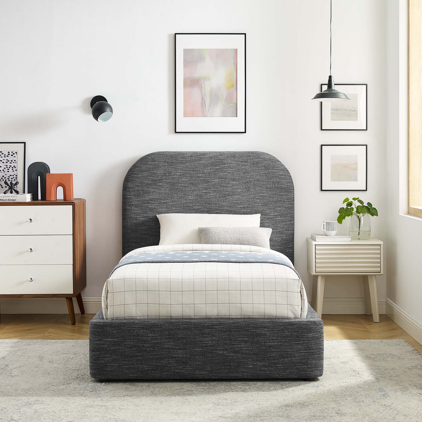 Keynote Upholstered Fabric Curved Twin Platform Bed by Furniture For America