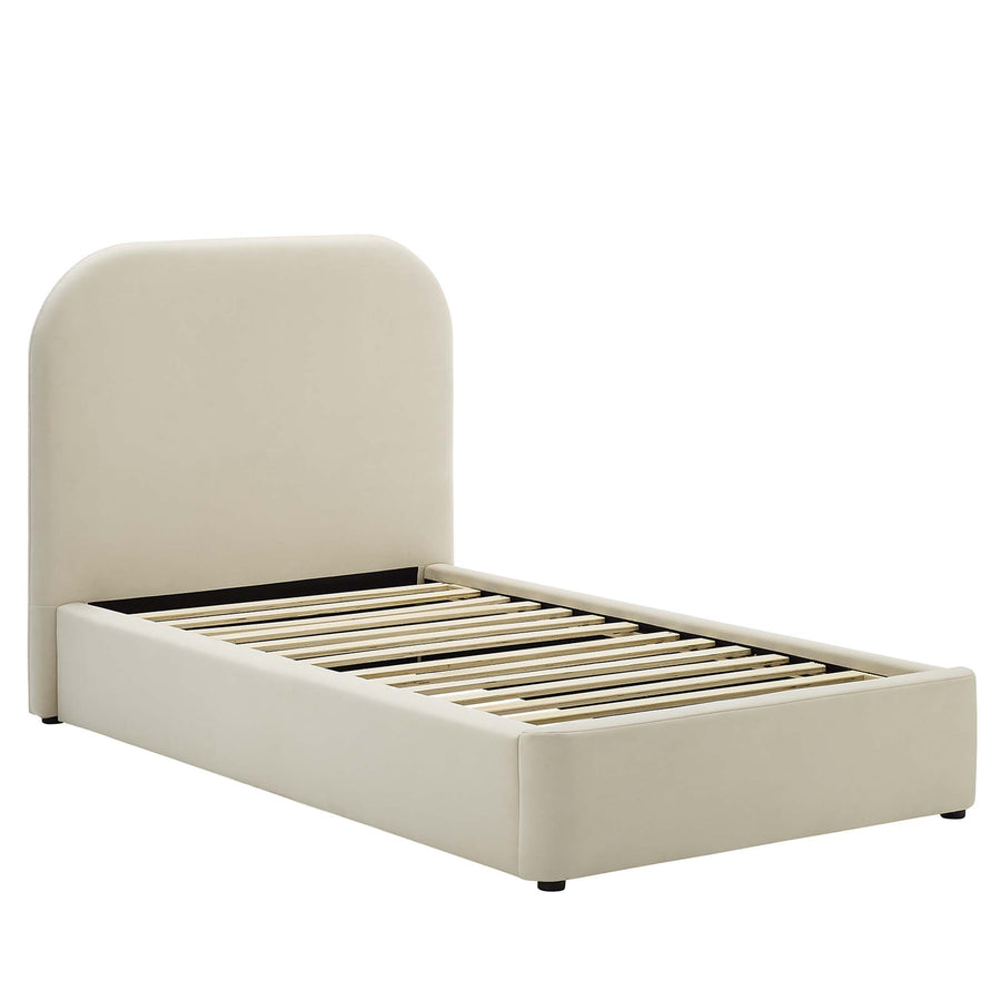 Twill Performance Velvet Curved Twin Platform Bed in Alabaster