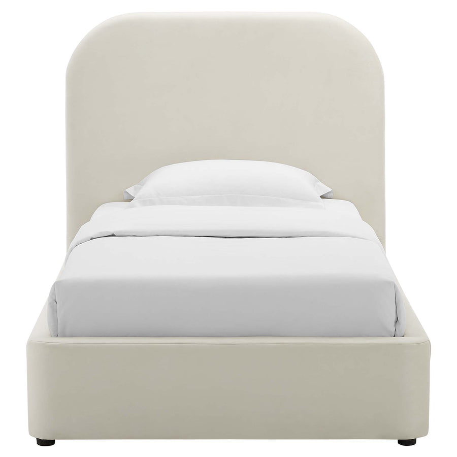 Twill Performance Velvet Curved Twin Platform Bed in Alabaster