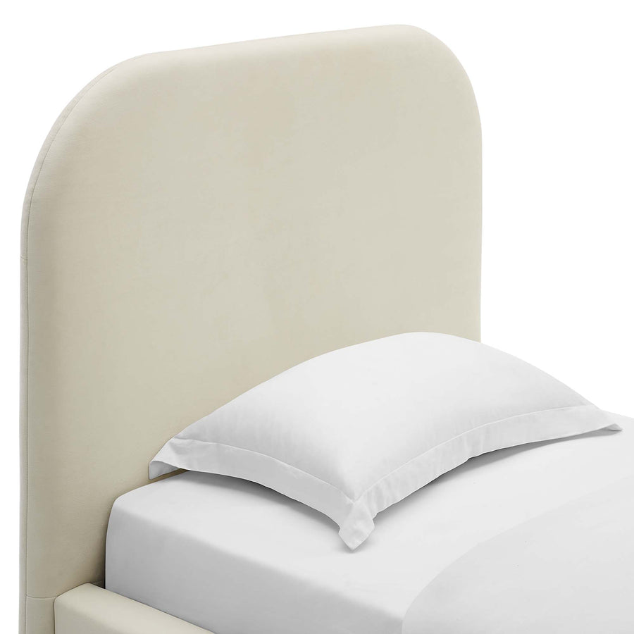 Twill Performance Velvet Curved Twin Platform Bed in Alabaster