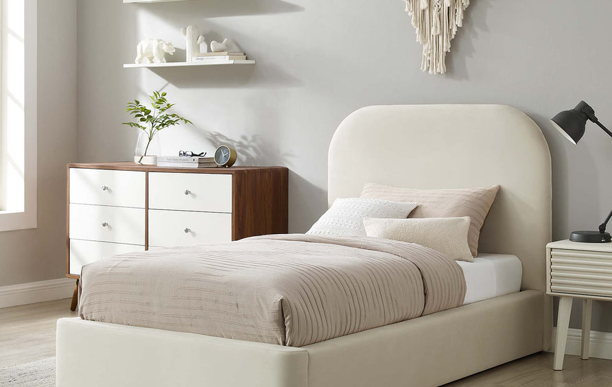 Twill Performance Velvet Curved Twin Platform Bed in Alabaster