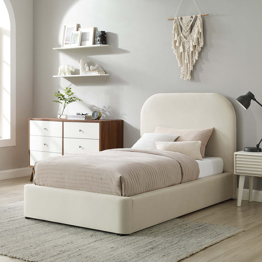 Twill Performance Velvet Curved Twin Platform Bed in Alabaster