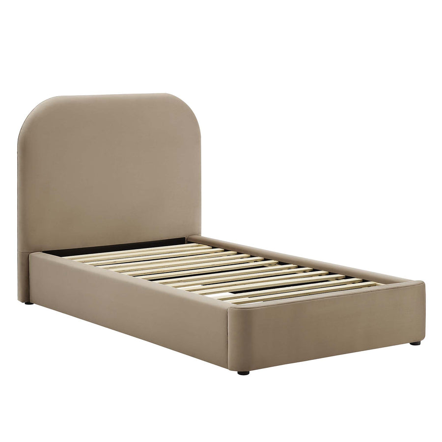 Twill Performance Velvet Curved Twin Platform Bed in Taupe