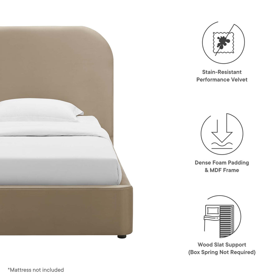 Twill Performance Velvet Curved Twin Platform Bed in Taupe