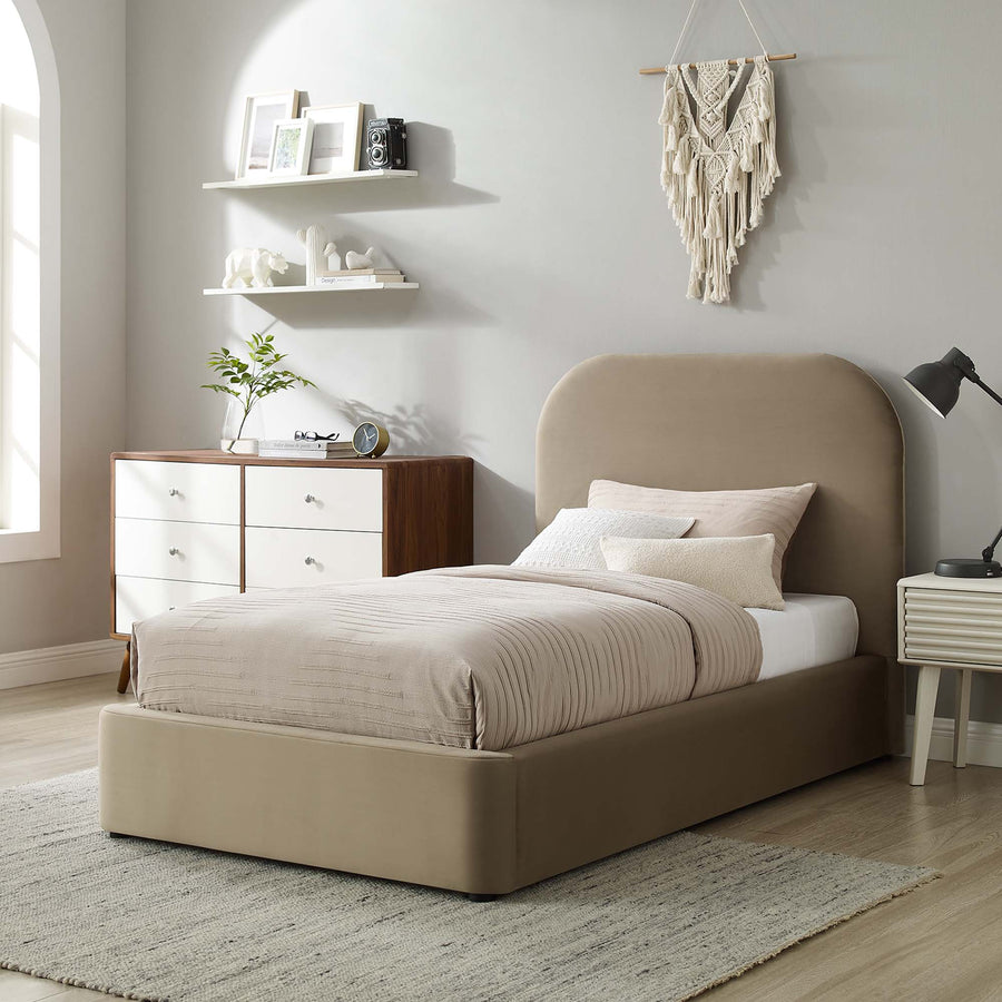 Twill Performance Velvet Curved Twin Platform Bed in Taupe