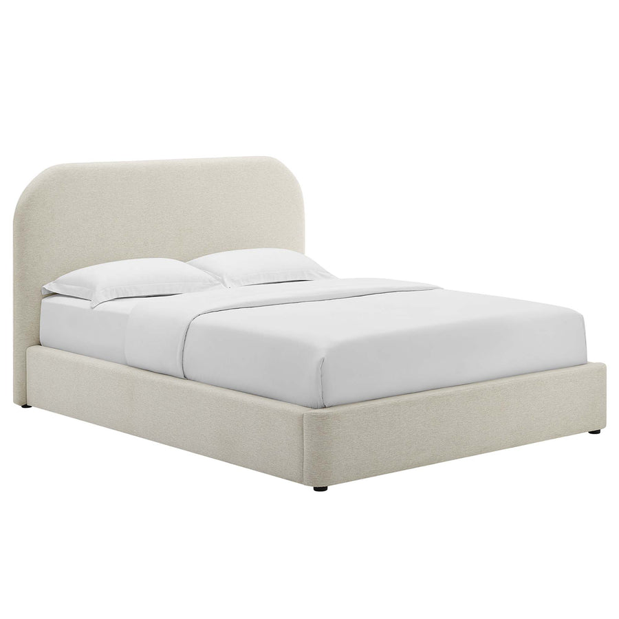 Twill Upholstered Fabric Curved Full Platform Bed in Heathered Weave Ivory