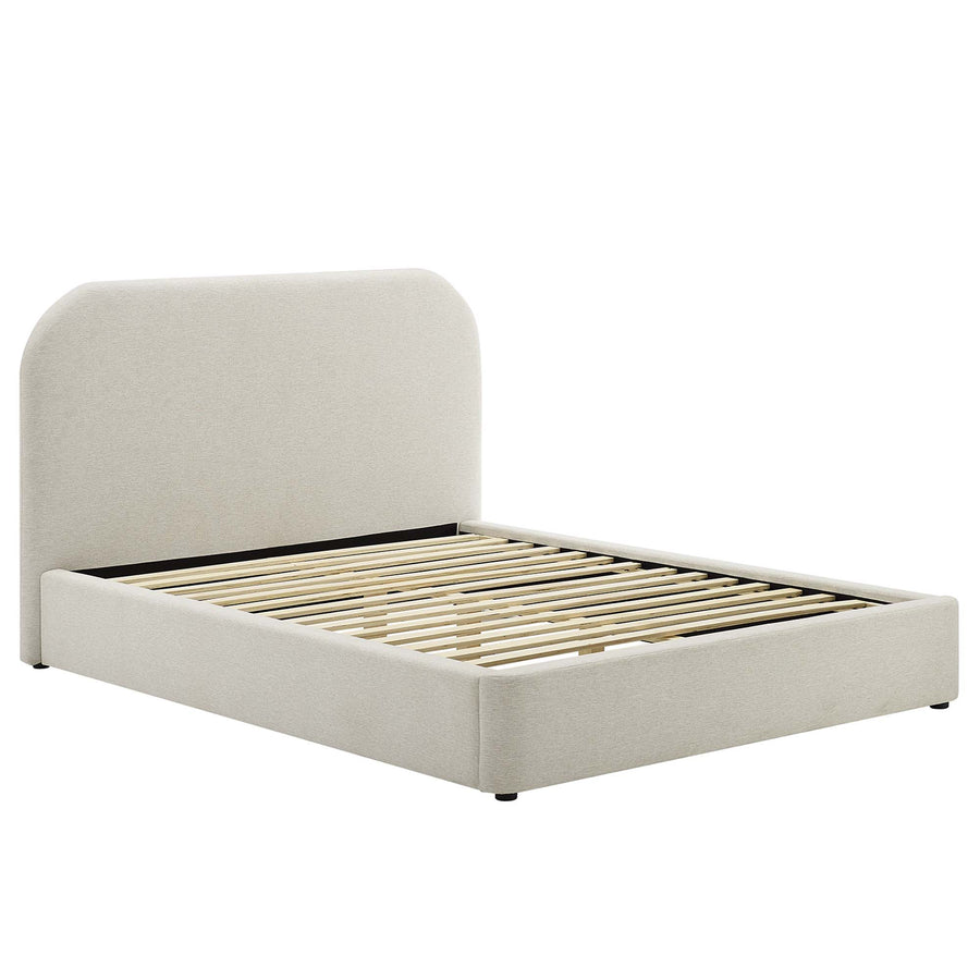 Twill Upholstered Fabric Curved Queen Platform Bed in Heathered Weave Ivory