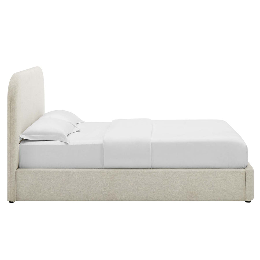 Twill Upholstered Fabric Curved Queen Platform Bed in Heathered Weave Ivory