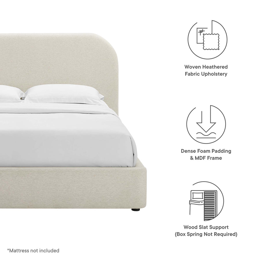 Twill Upholstered Fabric Curved Queen Platform Bed in Heathered Weave Ivory