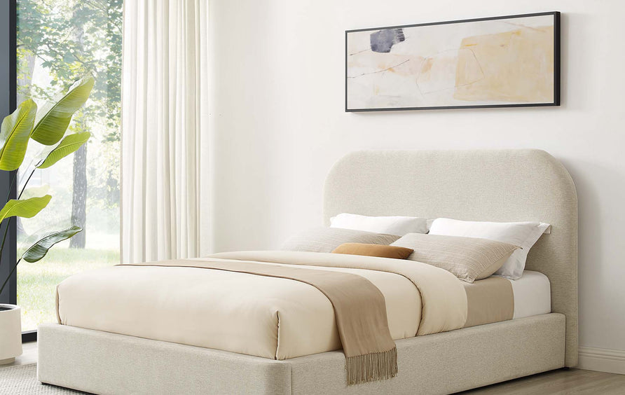Twill Upholstered Fabric Curved Queen Platform Bed in Heathered Weave Ivory