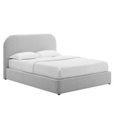Twill Upholstered Fabric Curved Queen Platform Bed in Heathered Weave Light Gray