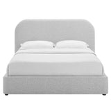 Twill Upholstered Fabric Curved Queen Platform Bed in Heathered Weave Light Gray