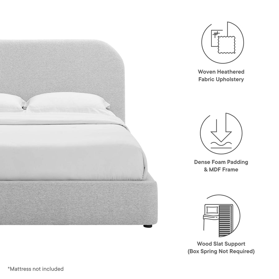 Twill Upholstered Fabric Curved Queen Platform Bed in Heathered Weave Light Gray