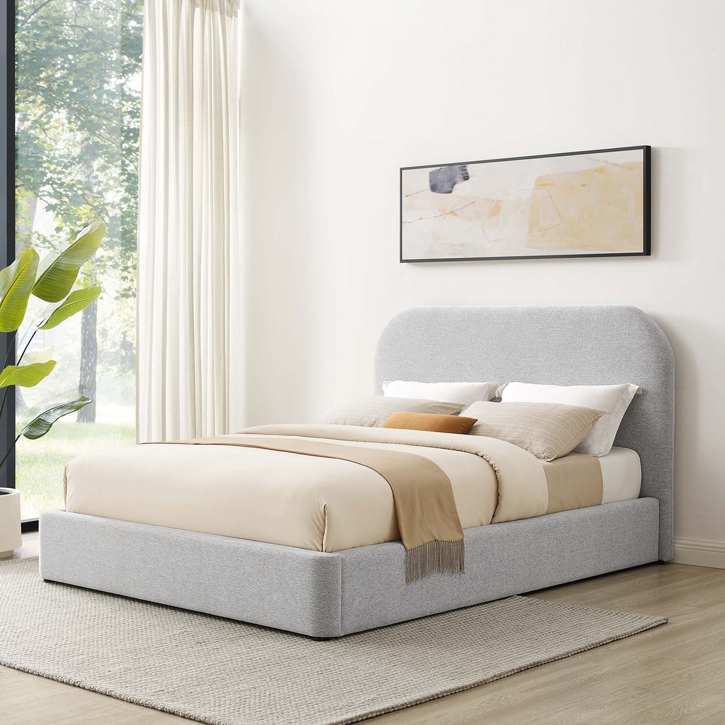 Keynote Upholstered Fabric Curved Queen Platform Bed by Furniture For America