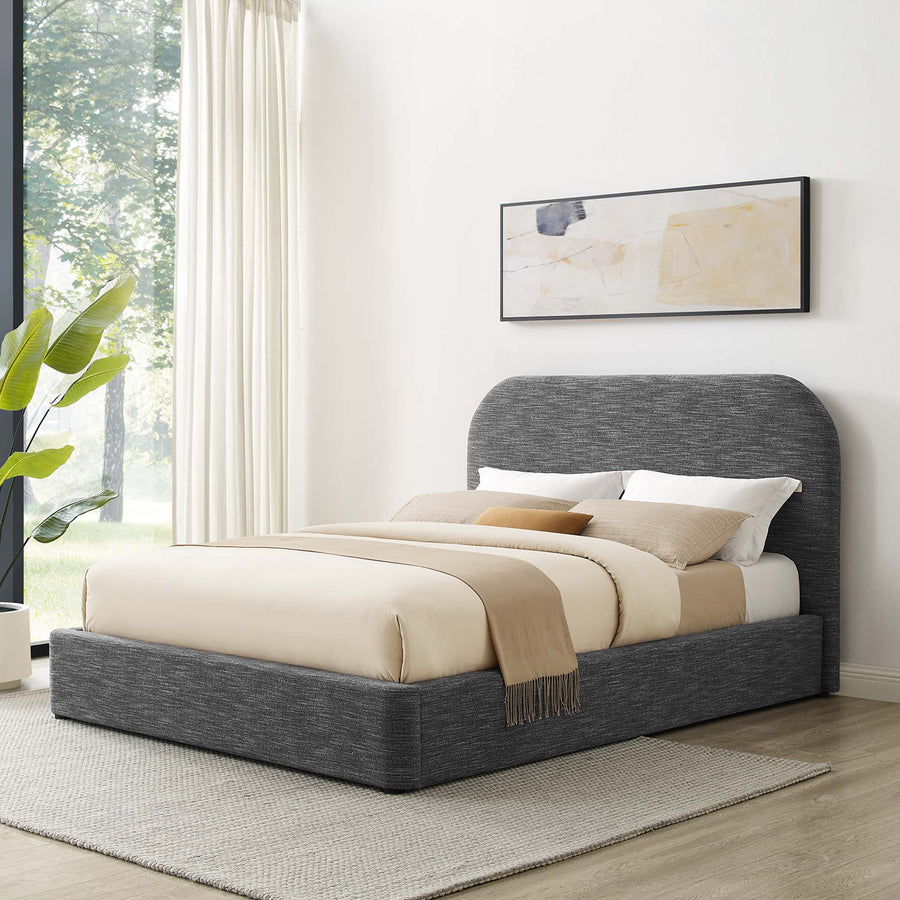 Twill Upholstered Fabric Curved Queen Platform Bed in Heathered Weave Slate