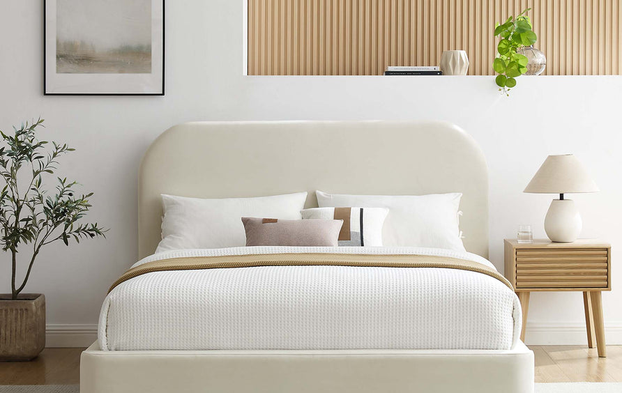 Twill Performance Velvet Curved Queen Platform Bed in Alabaster