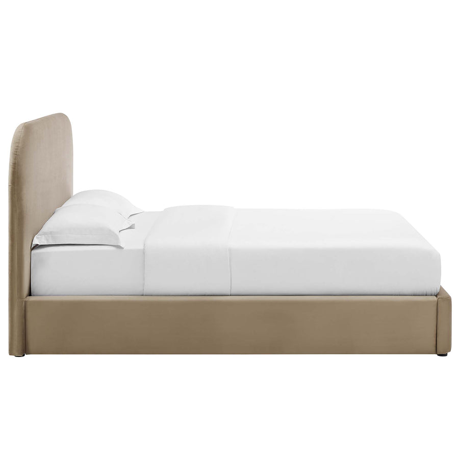 Twill Performance Velvet Curved Queen Platform Bed in Taupe